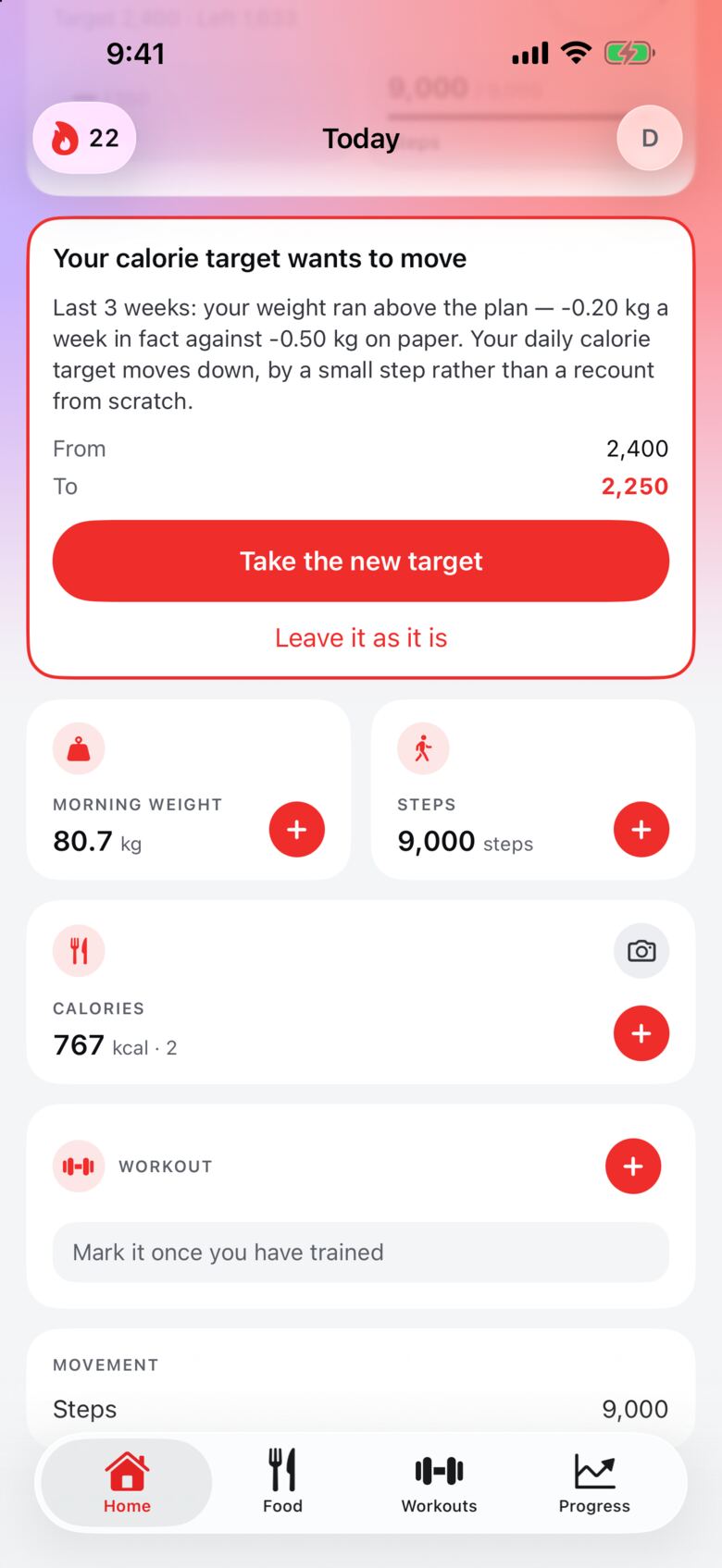 The Grif Today screen: after three weeks of weigh-ins it offers to move the daily calorie target from 2,400 to 2,250, and you choose whether to take it.